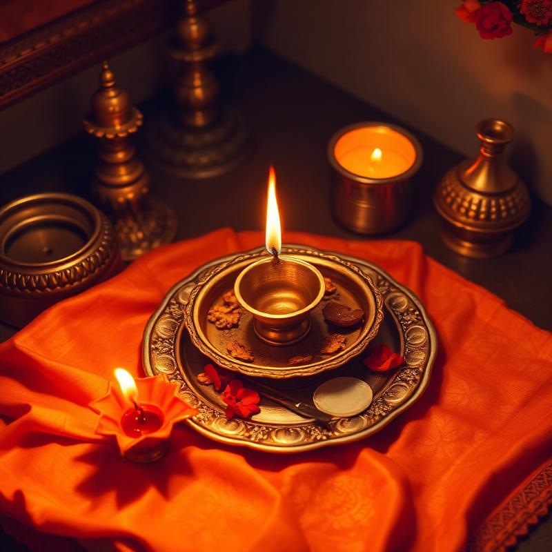 Sacred Hindu puja setup with diya and havan kund